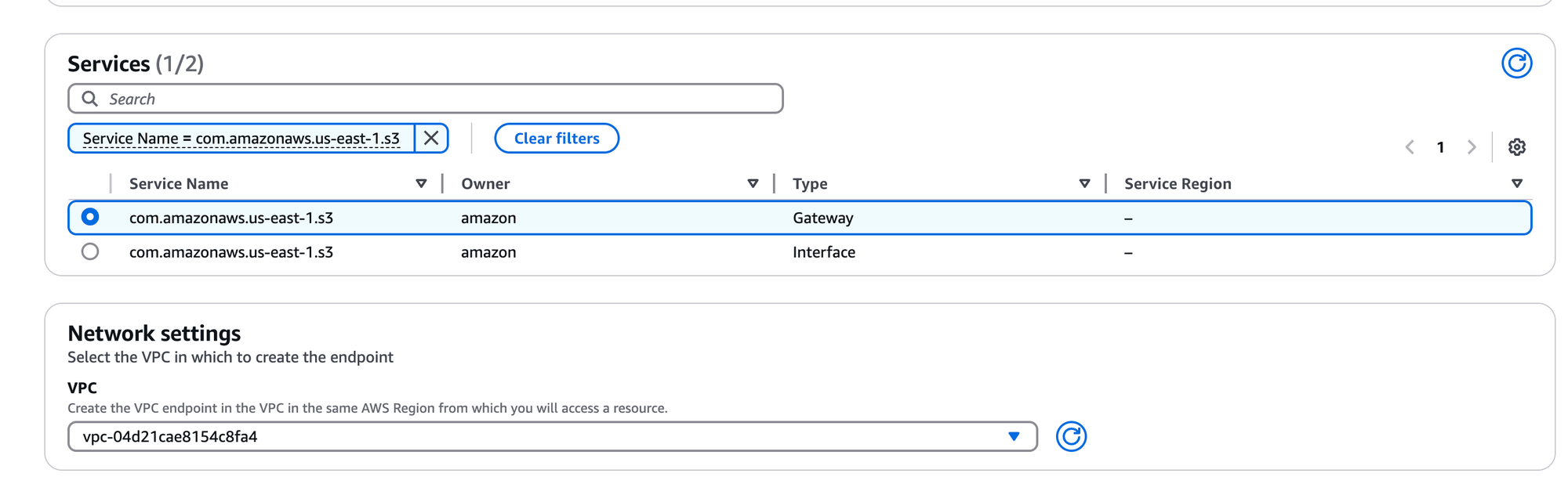 AWS Console showing VPC endpoint creation wizard selecting S3 gateway endpoint