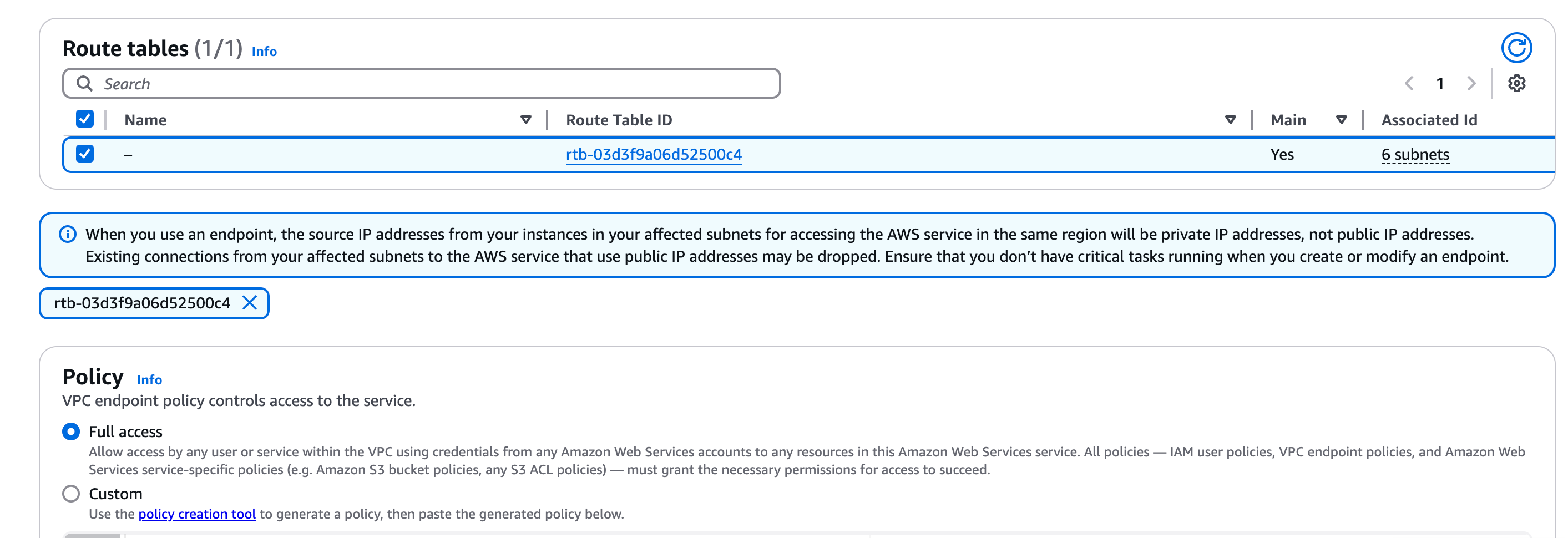 AWS Console showing route table association for VPC gateway endpoint to S3