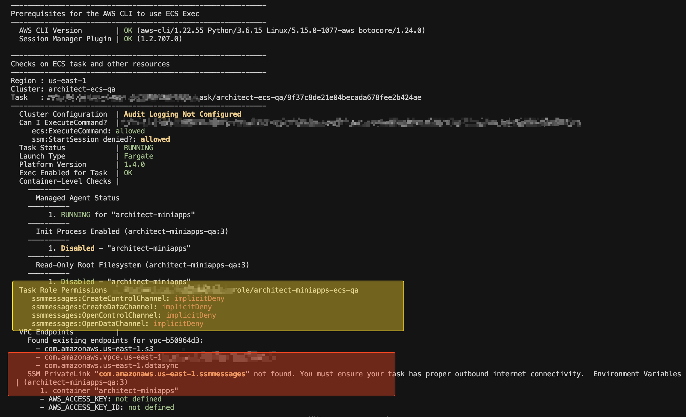 ECS Exec session showing interactive shell inside Fargate task
