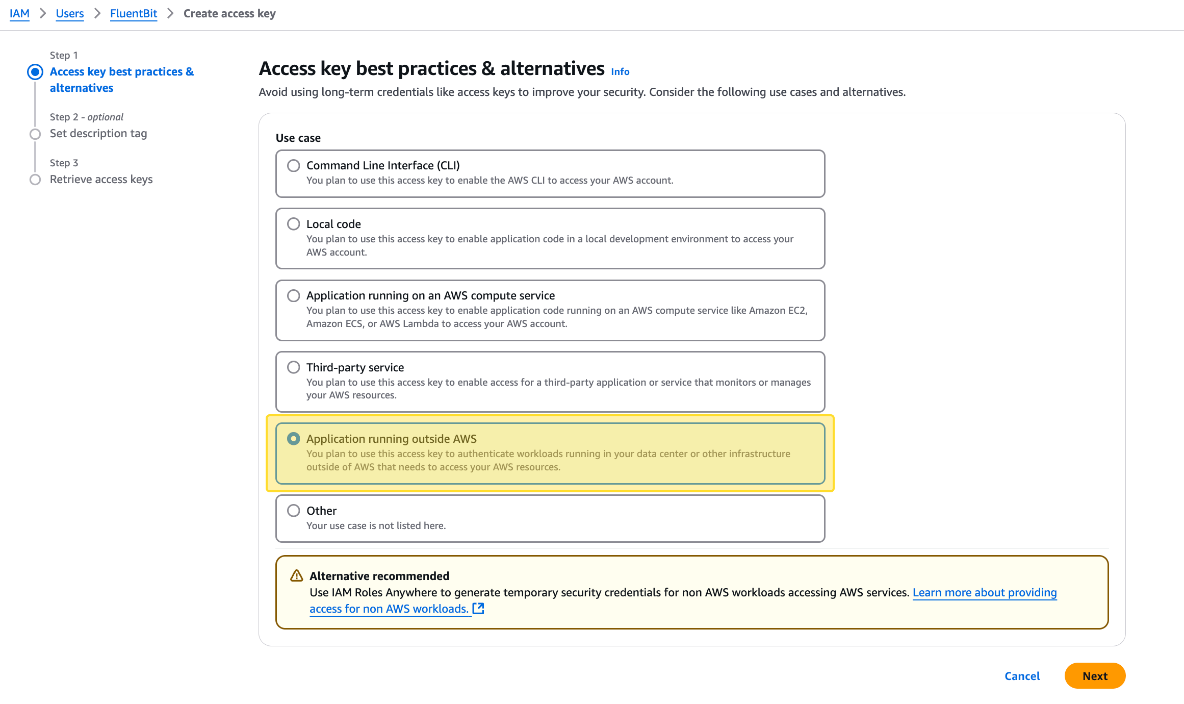 AWS IAM console creating a new IAM user with CloudWatchLogsFullAccess policy for Fluent Bit