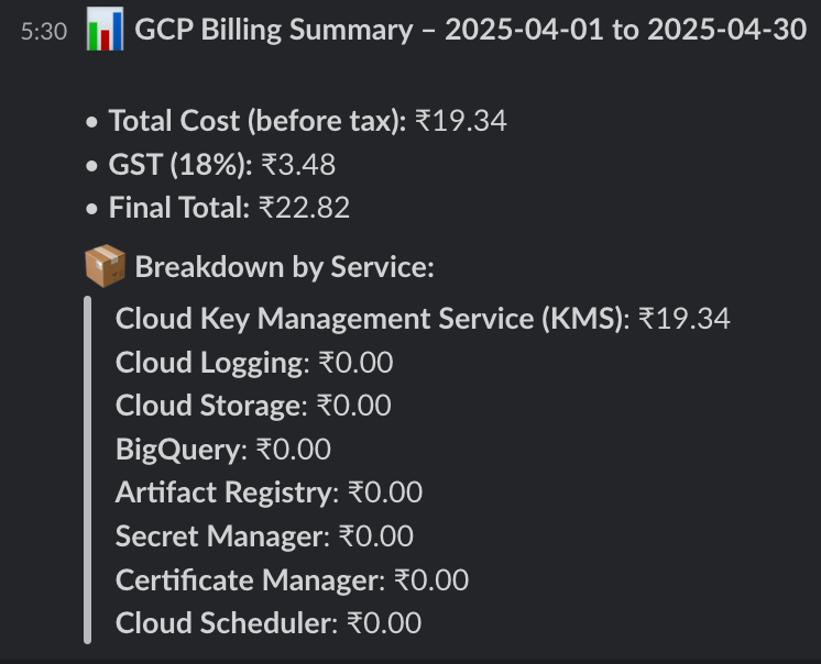 Screenshot of Slack channel receiving automated GCP billing cost alert from Airflow