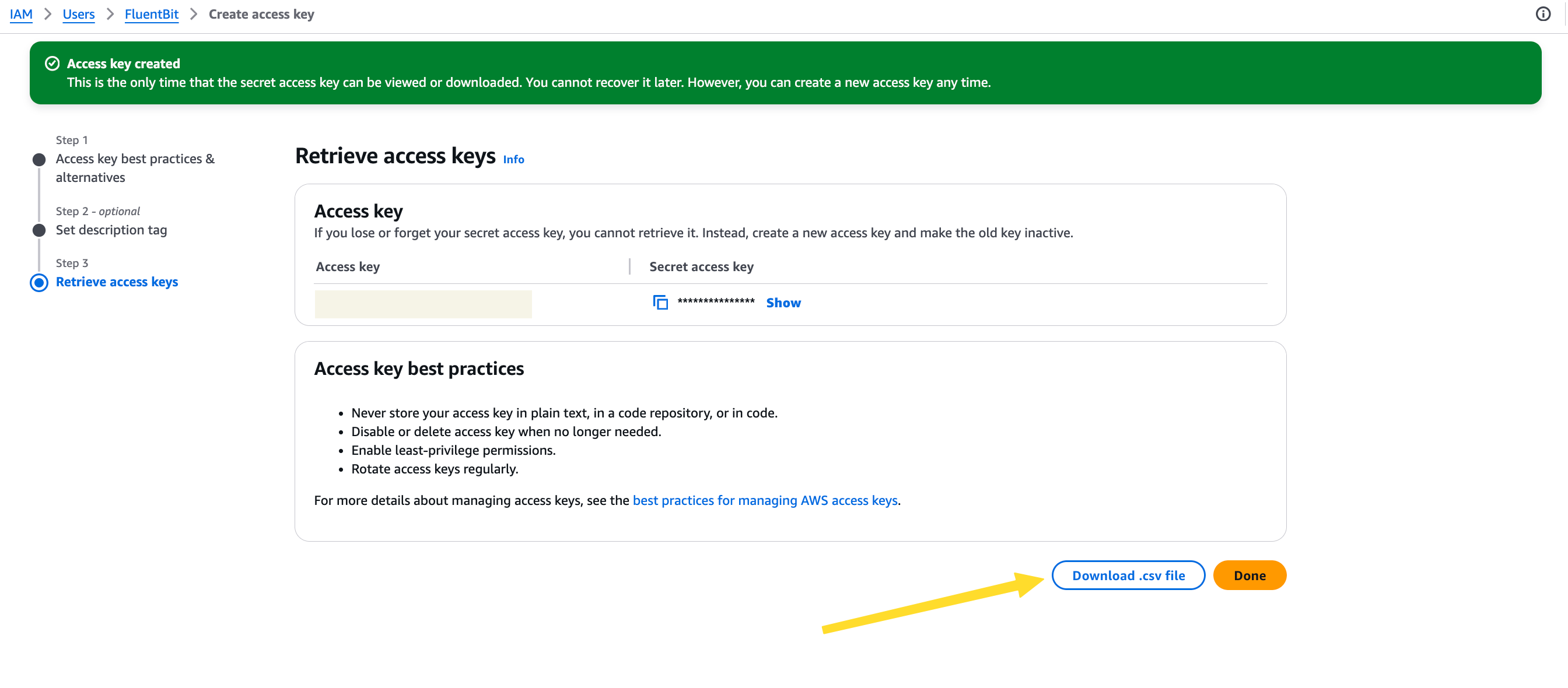AWS IAM console showing access key ID and secret access key for the Fluent Bit IAM user
