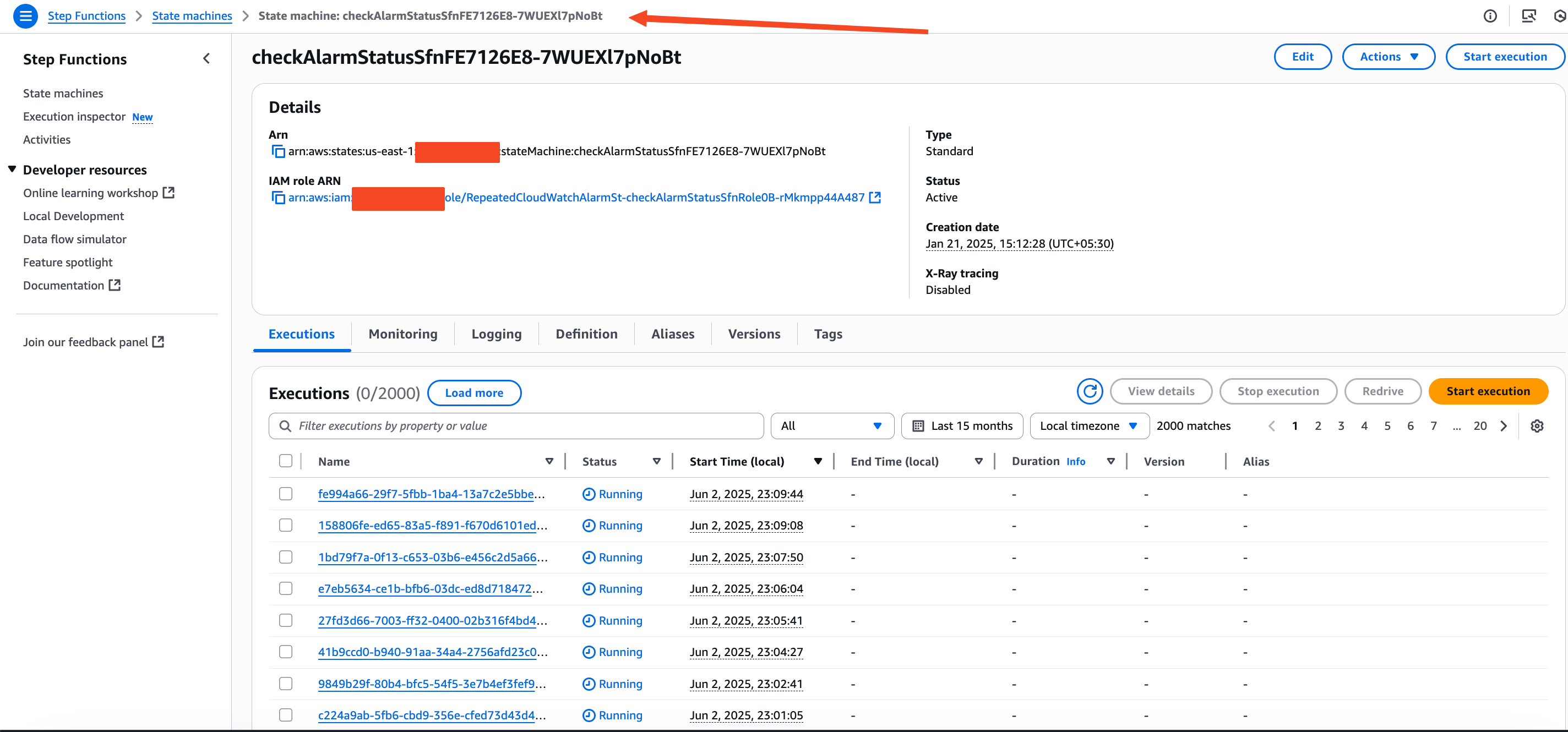 EventBridge rule and Lambda function resources created by CDK for periodic alarm state checks