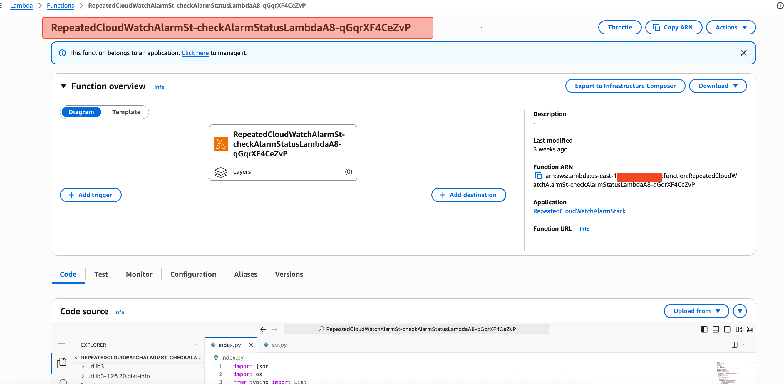 CloudWatch alarm and IAM role resources provisioned by CDK deployment stack