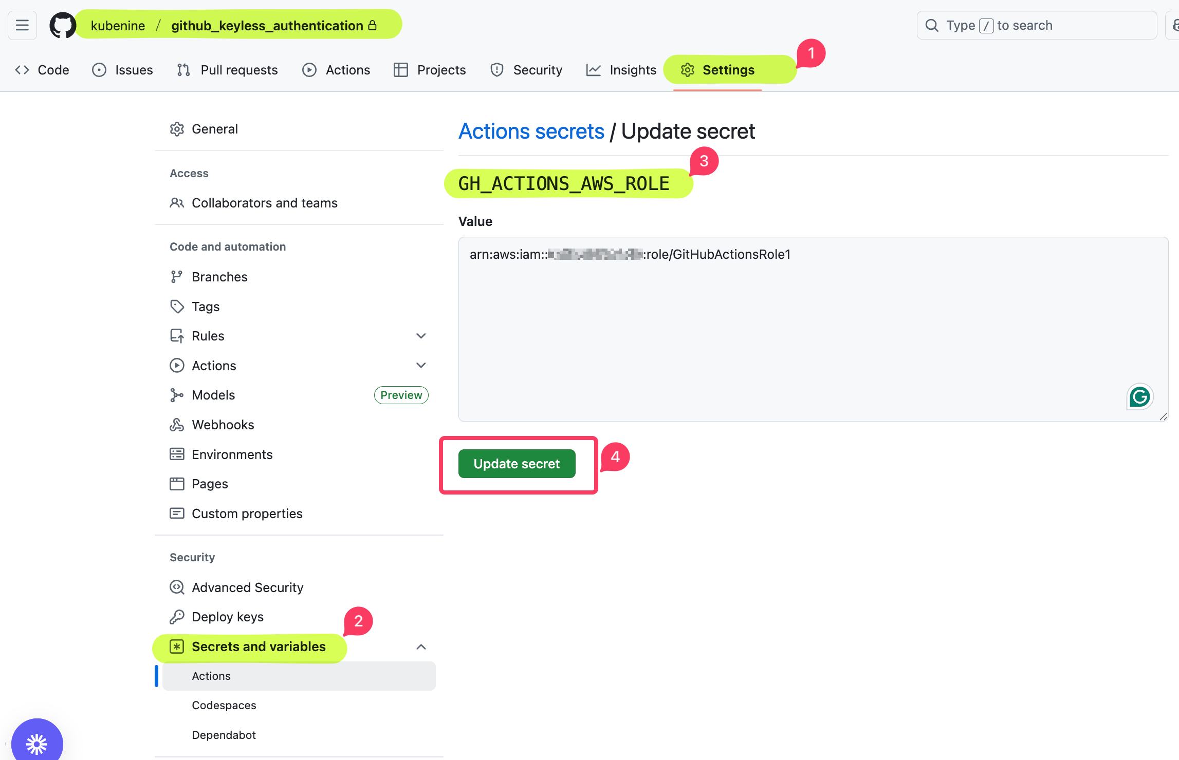 Repository or environment secrets configuration for OIDC-based AWS deployment