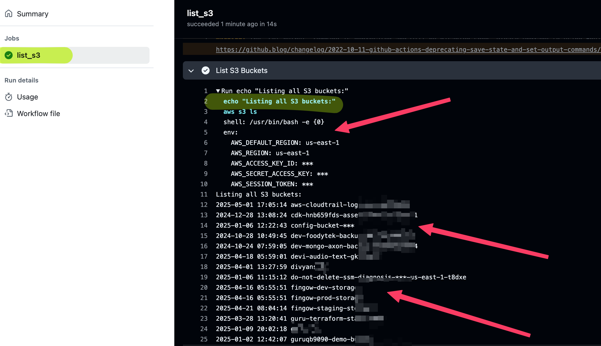 Verification step showing successful AWS resource access from GitHub Actions via OIDC