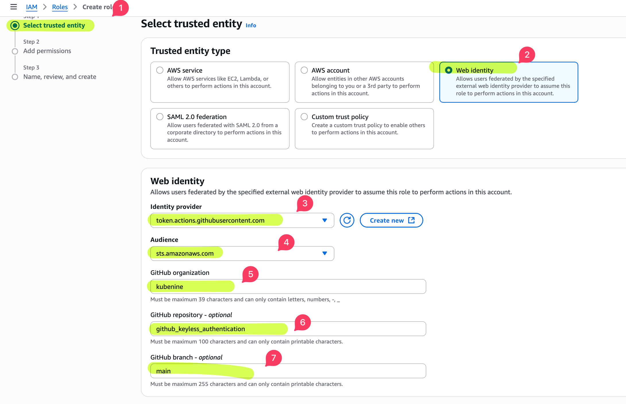 AWS IAM identity provider settings for GitHub Actions OIDC federation