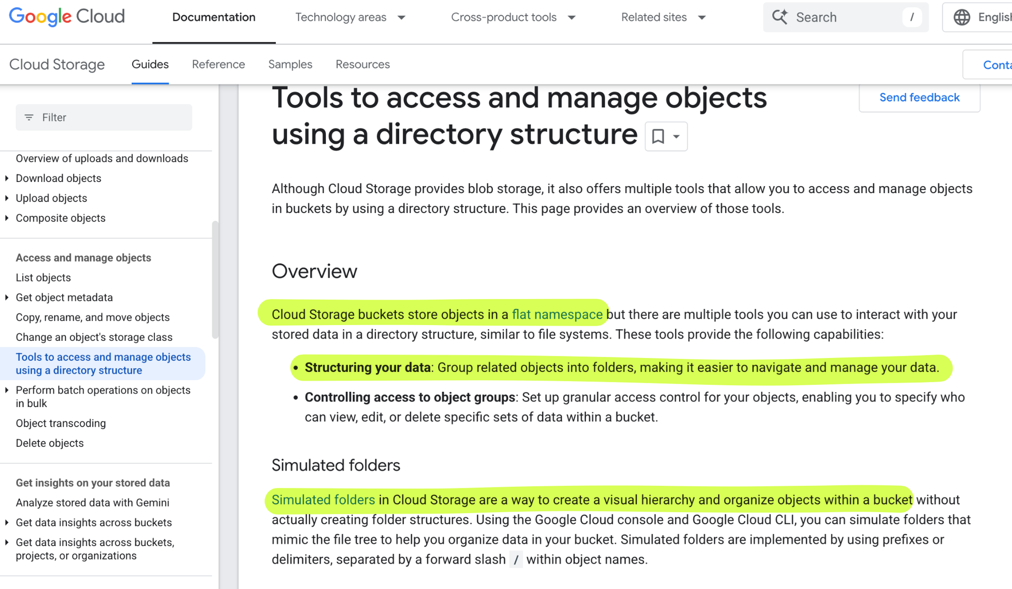 Google Cloud Storage documentation page explaining object storage and folder simulation