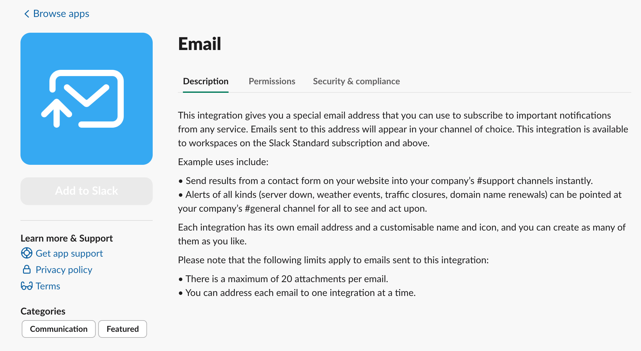 Slack email integration setup showing how to configure email forwarding to a Slack channel