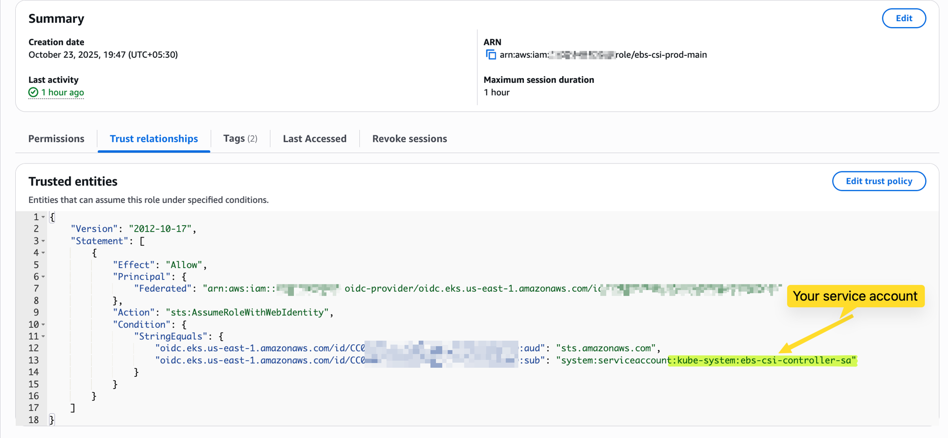 IAM role trust policy configuration with OIDC provider for EKS IRSA service account binding