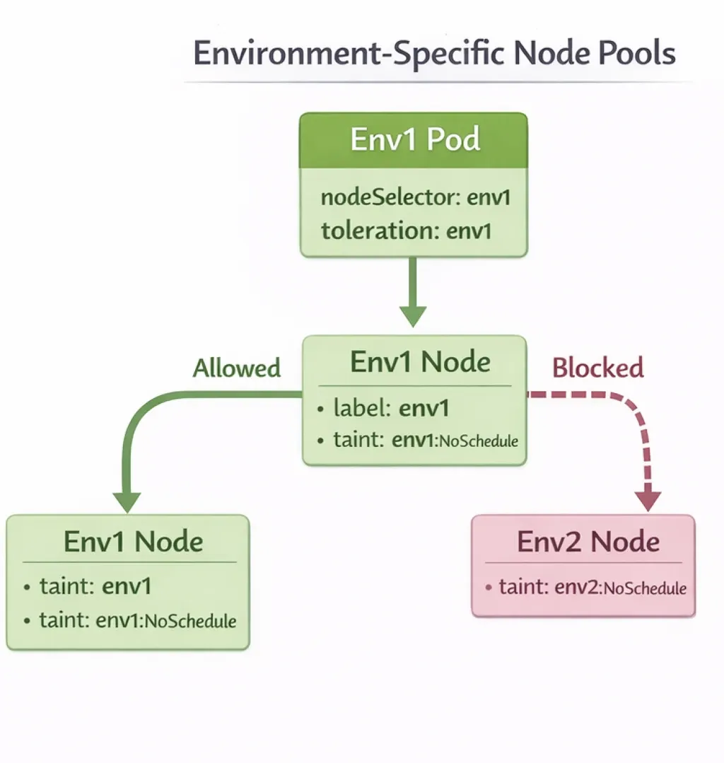 Node pool configuration with taints labels and instance types for environment-specific Kubernetes nodes
