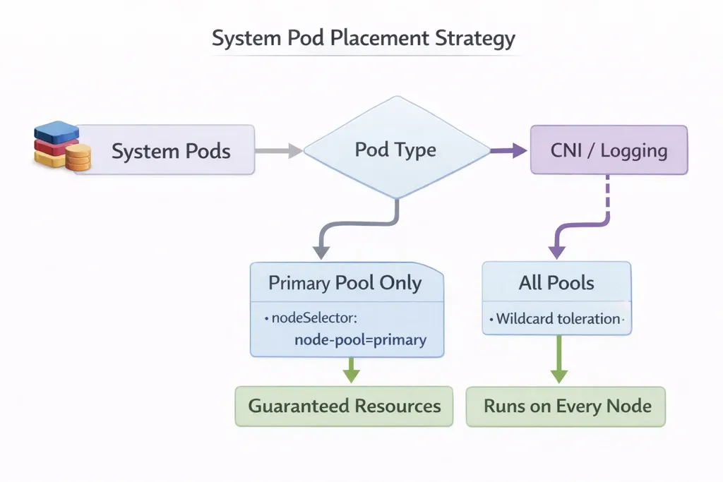 System pods configuration using tolerations and affinity rules to run on dedicated system node pools