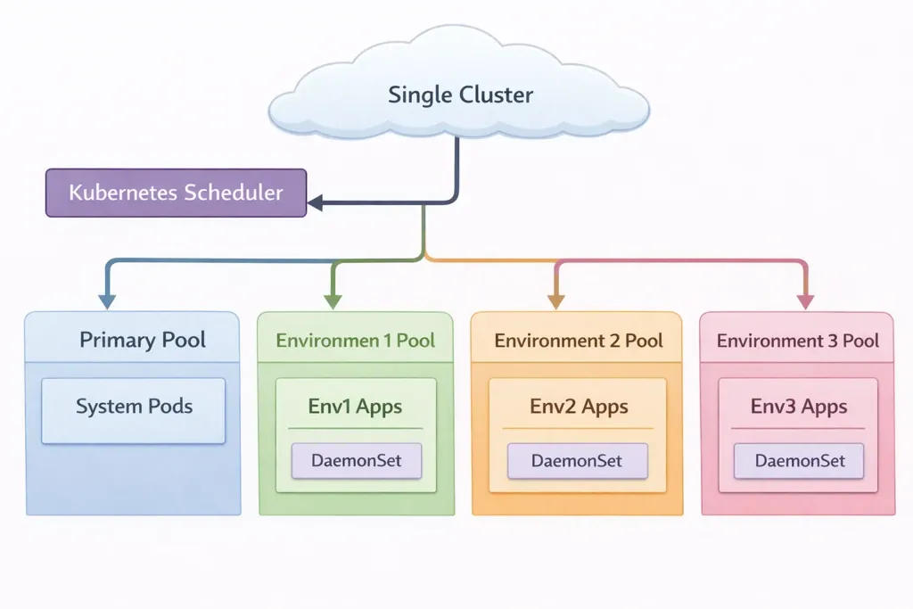 Architecture diagram showing Kubernetes cluster with separate node pools for dev staging production and system workloads
