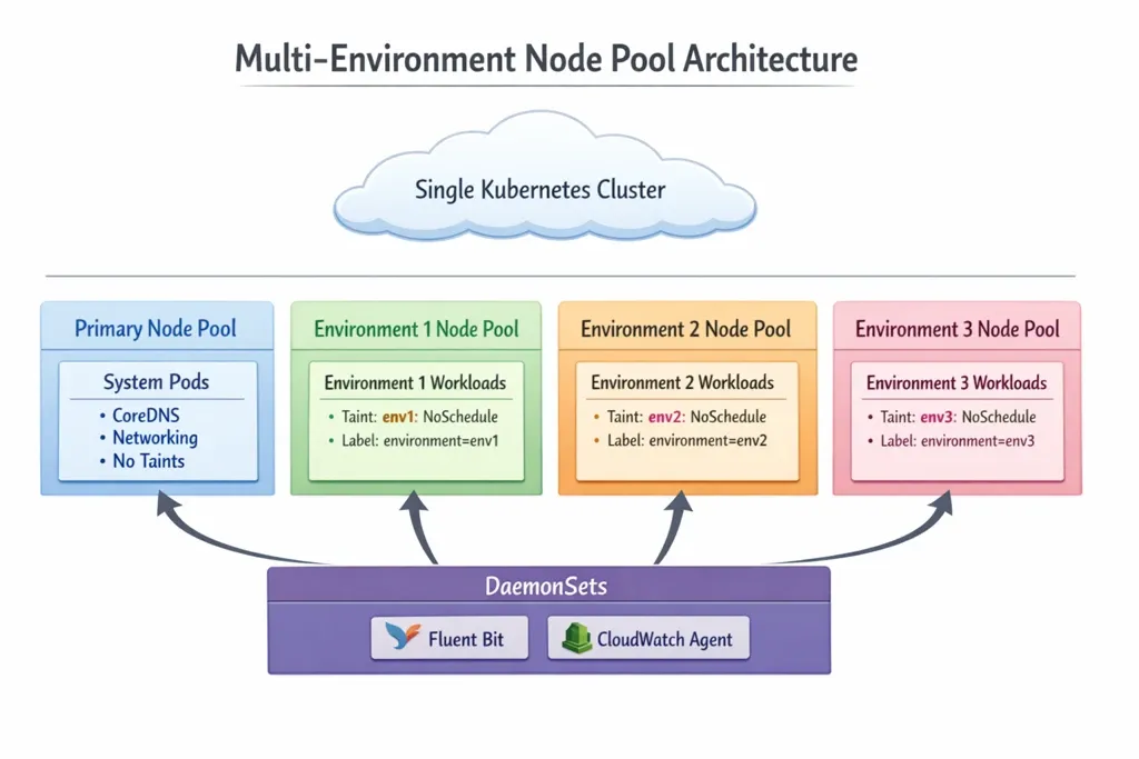 Multi-environment node pool architecture overview showing dev staging and production pools in a Kubernetes cluster