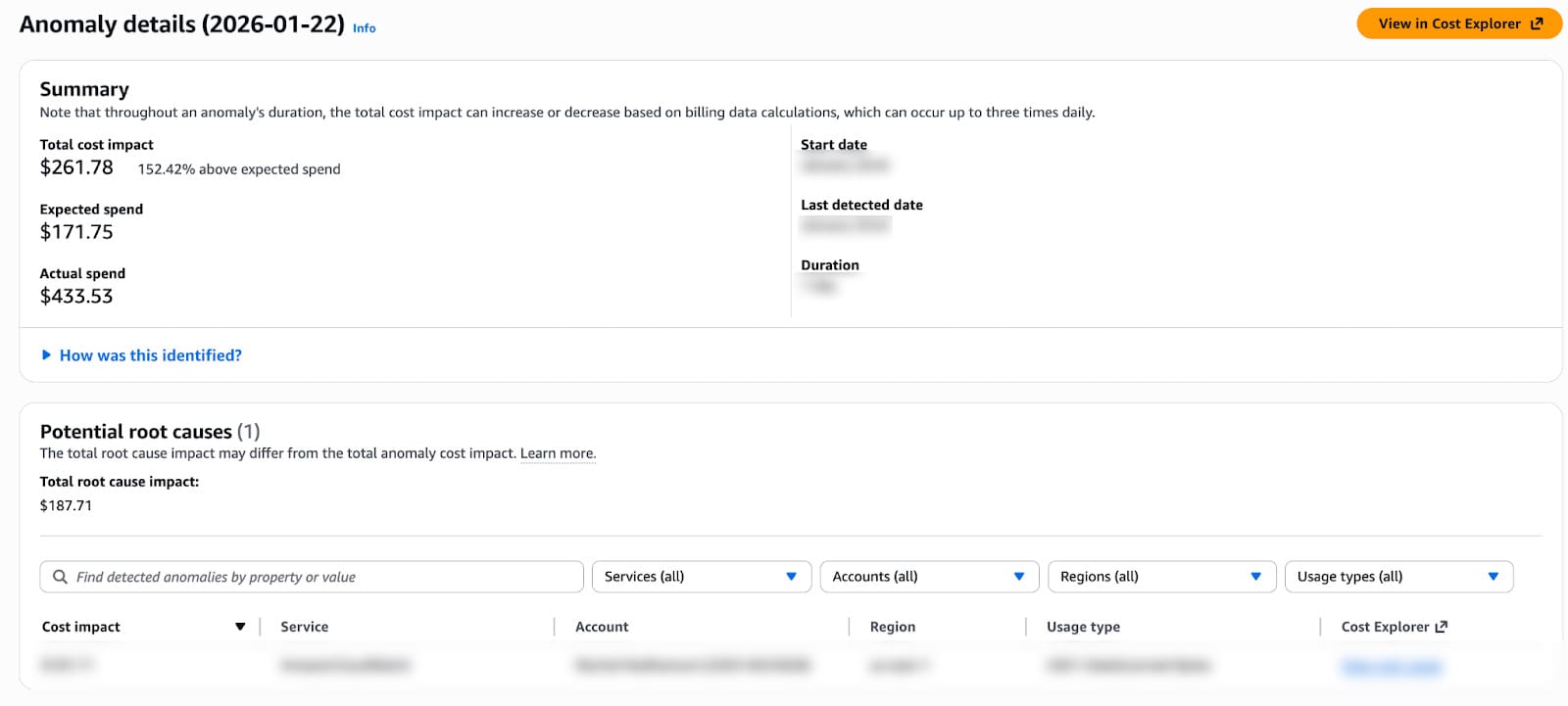 AWS Cost Anomaly Detection console dashboard