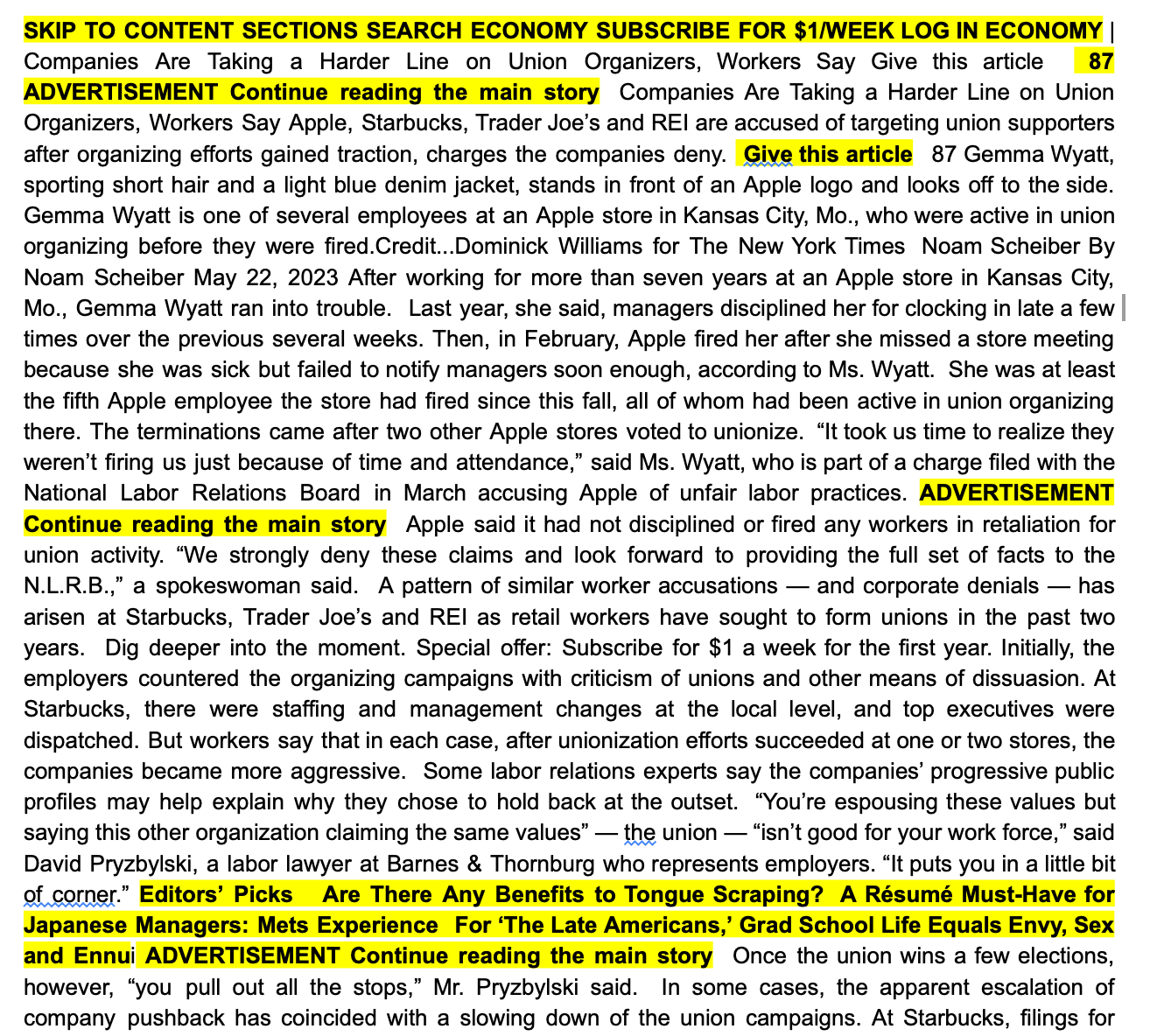 a “free” New York Times article copy-pasted into a google document, with all the advertisements highlighted and bolded. The author finds nine total advertisements across an article it took them about seven minutes to read.