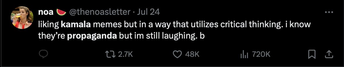 a tweet from a twitter user called noa (with a watermelon slice emoji next to their name, indicating a pro-Palestinian stance): "liking kamala memes but in a way that utilizes critical thinking. i know they’re propaganda but im still laughing. b” This tweet has over 48,000 likes.