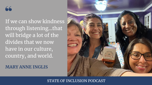 Episode Quote with image of 4 smiling women holding a box of My Neighbor's Voice Cards