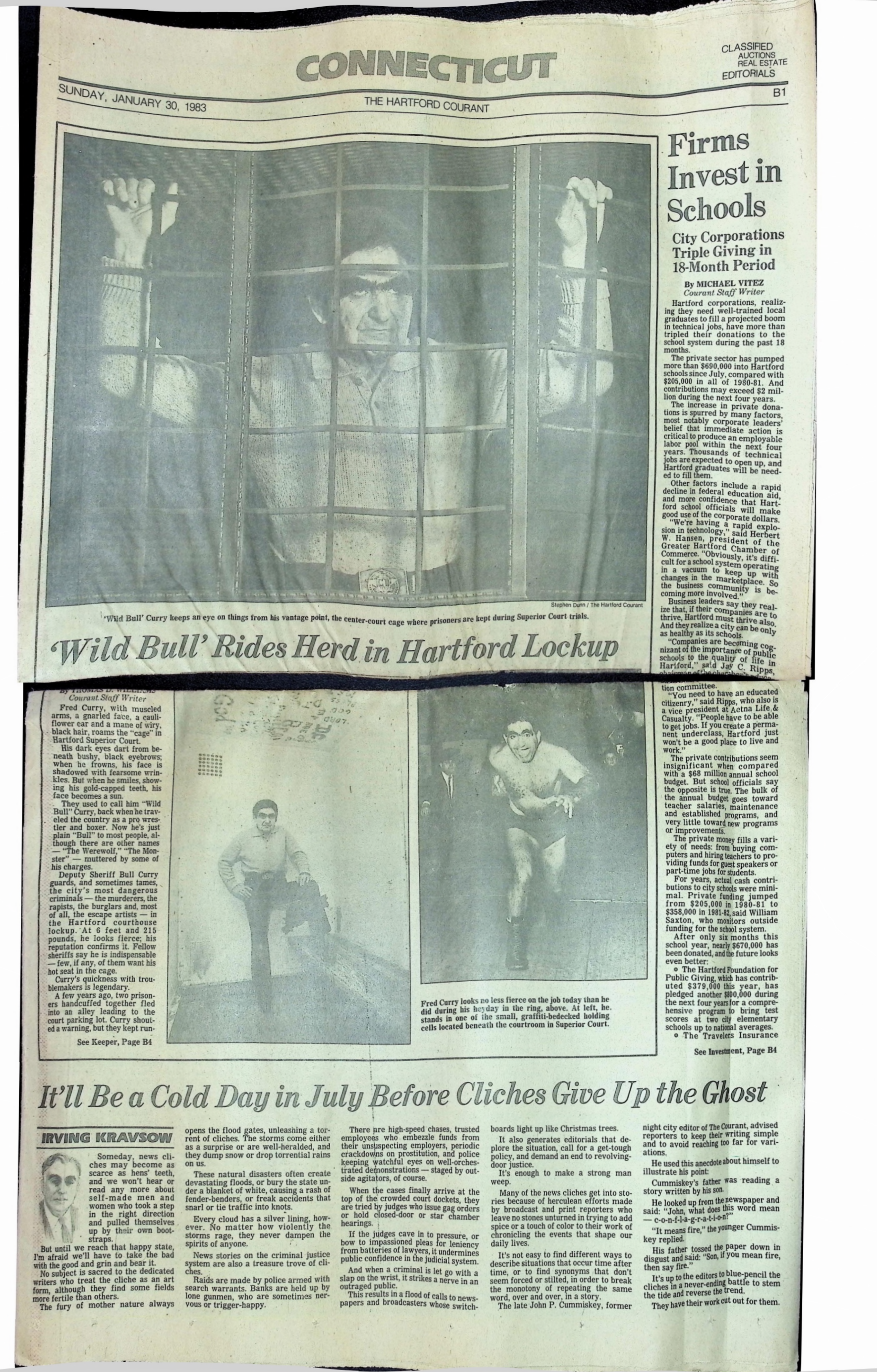 The Hartford Courant Connecticut section front page, Sunday January 30 1983, large photo of Wild Bull Curry gripping the bars of the center-court cage, headline Wild Bull Rides Herd in Hartford Lockup