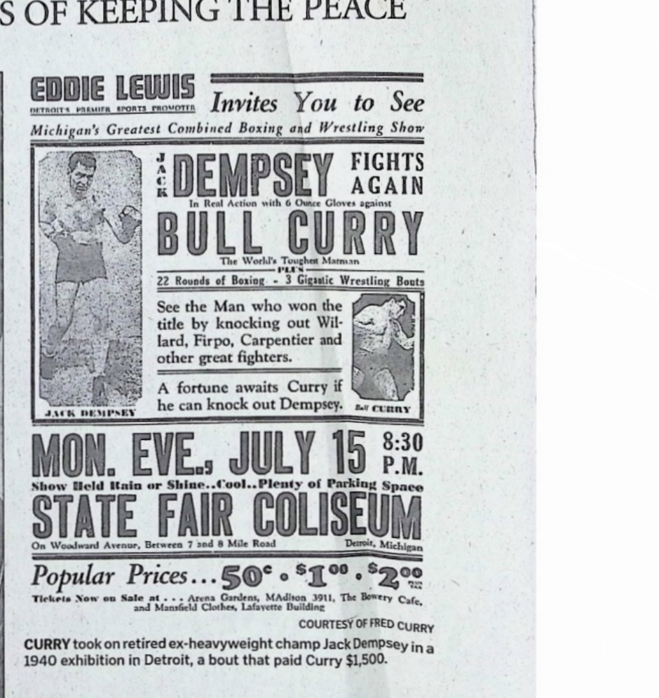 1940 Detroit handbill reprinted by the Hartford Courant, Jack Dempsey fights again against Bull Curry, the World's Toughest Matman, State Fair Coliseum July 15