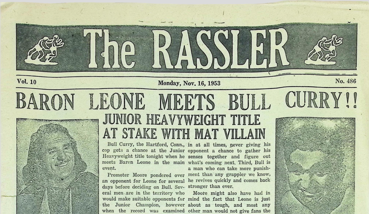The Rassler front page, November 16 1953, headline Baron Leone Meets Bull Curry, lead line billing Bull Curry as the Hartford Conn cop
