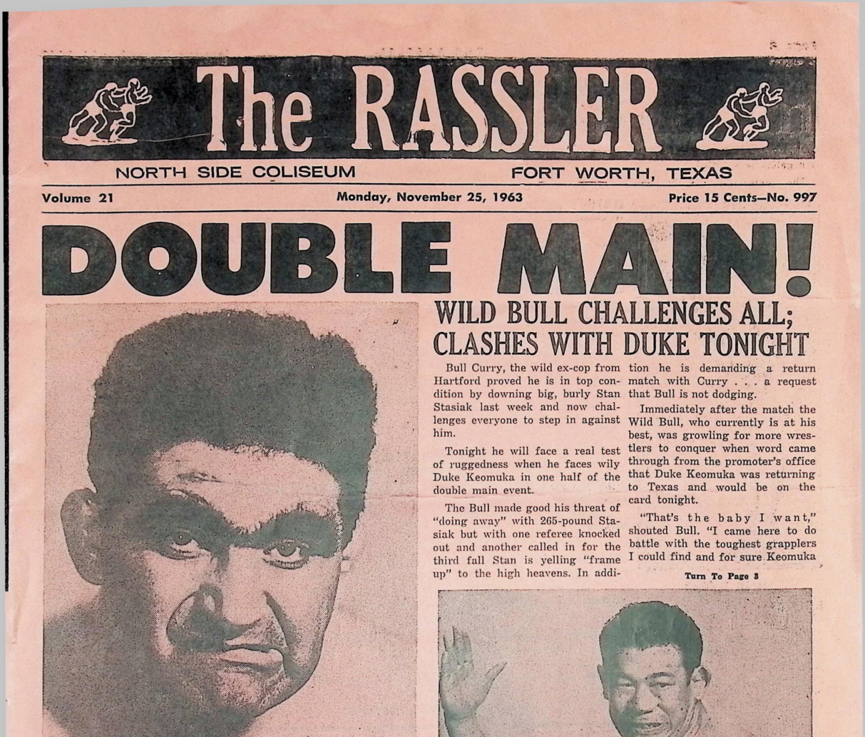 The Rassler front page, November 25 1963, headline Wild Bull Challenges All, lead line billing Bull Curry as the wild ex-cop from Hartford