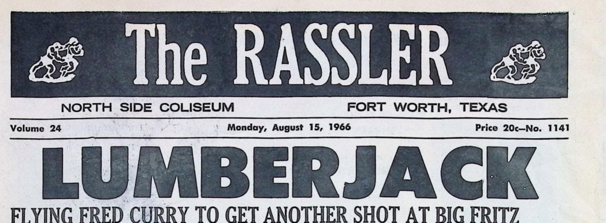 The Rassler front page, Fort Worth, August 15, 1966, headline Flying Fred Curry to get another shot at Big Fritz