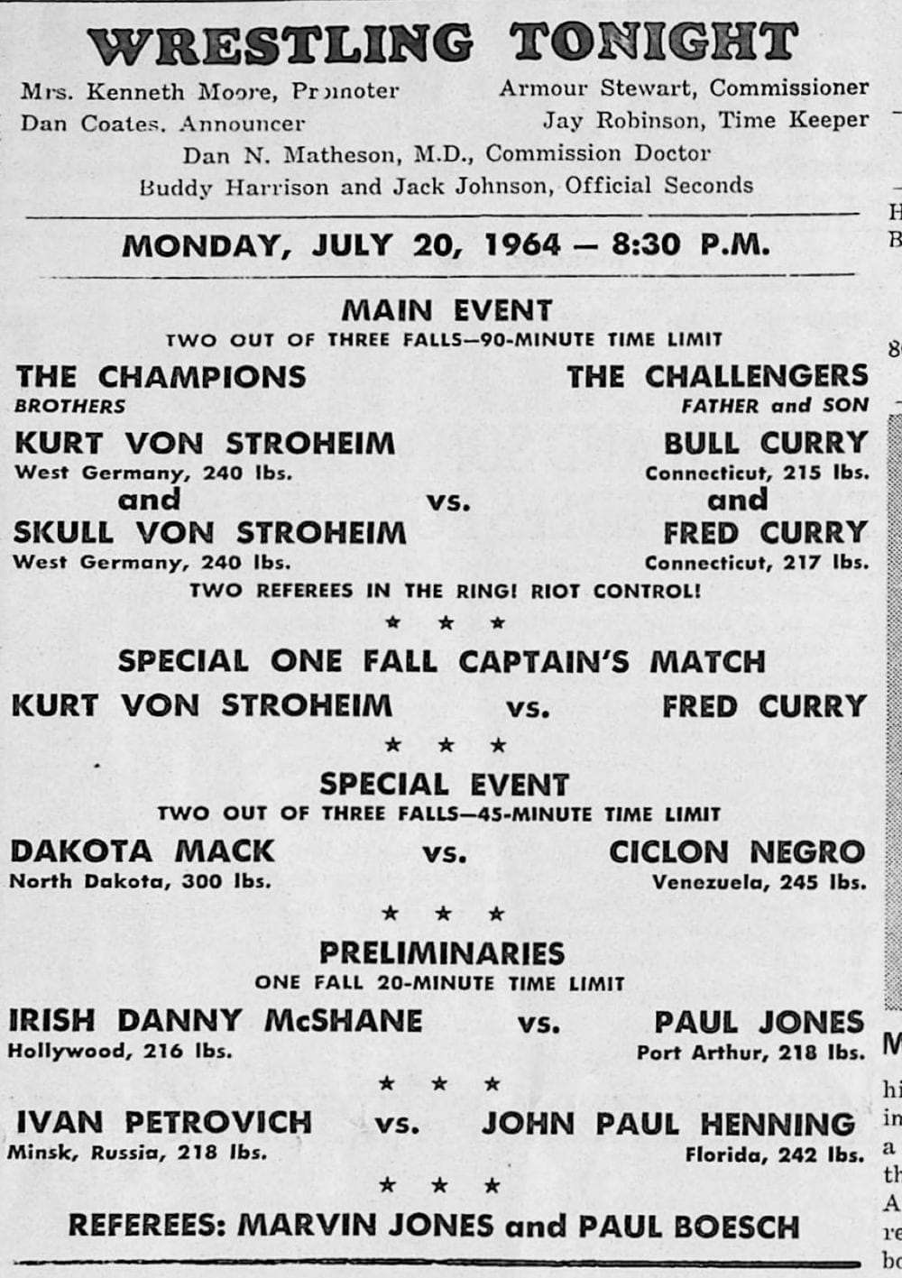 The Rassler card for July 20, 1964: the champions, brothers Kurt and Skull Von Stroheim, against the challengers, father and son Bull Curry and Fred Curry