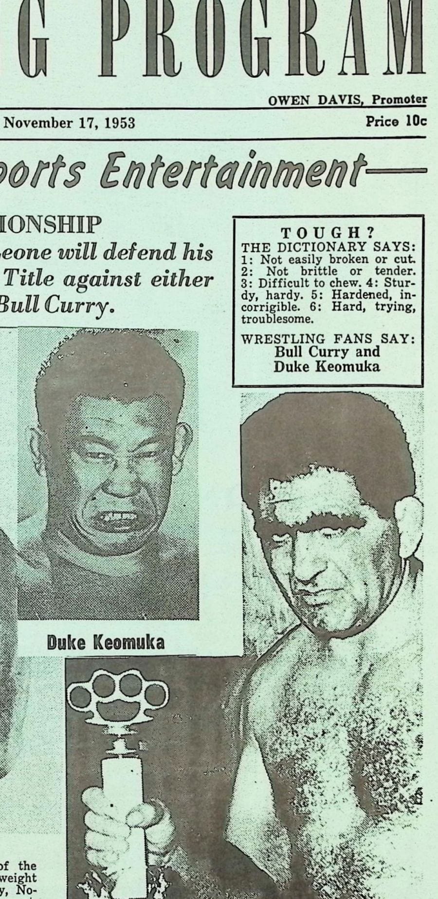 Austin City Coliseum program cover, November 17, 1953: the box titled Tough, Duke Keomuka's photo, a trophy topped with brass knuckles, and Bull Curry