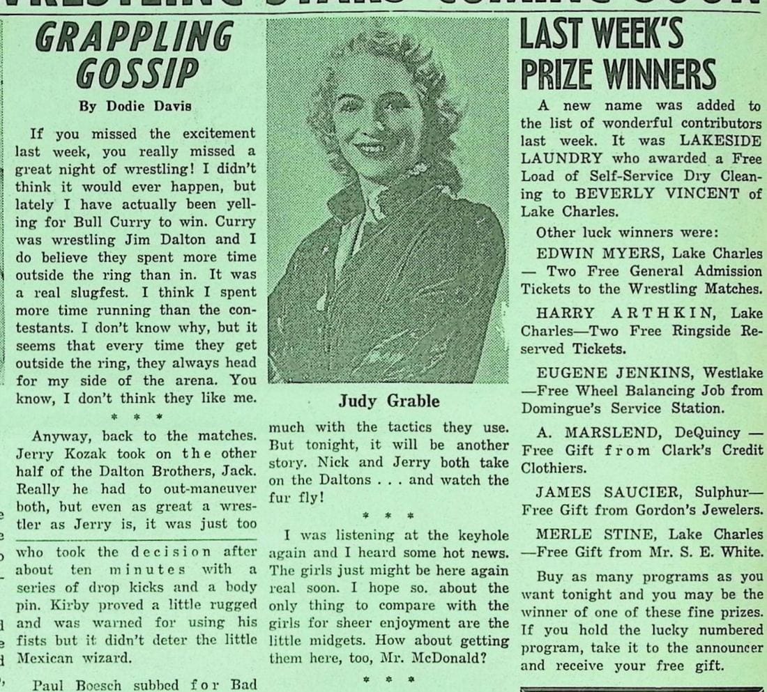Lake Charles Wrestling program page 4, February 28, 1962: Dodie Davis's Grappling Gossip column, a photo of Judy Grable, and last week's prize winners