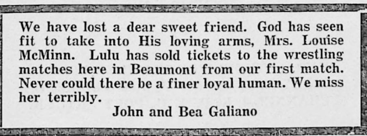A memorial notice in the Beaumont Sportatorium program, February 15, 1964, for ticket seller Louise McMinn, signed John and Bea Galiano