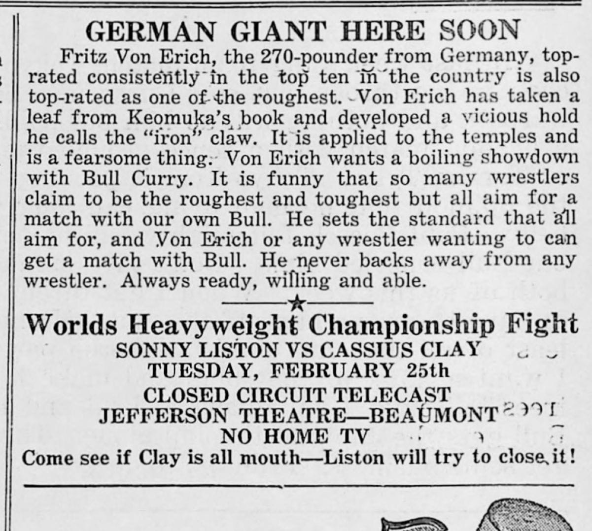 Beaumont program, February 15, 1964: Fritz Von Erich wants a showdown with Bull Curry, and an advertisement for Sonny Liston versus Cassius Clay on closed circuit at the Jefferson Theatre