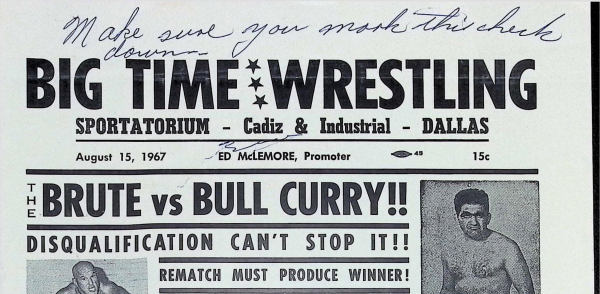 Big Time Wrestling cover, Dallas Sportatorium, August 15, 1967, with a handwritten note across the top and the headline The Brute vs Bull Curry