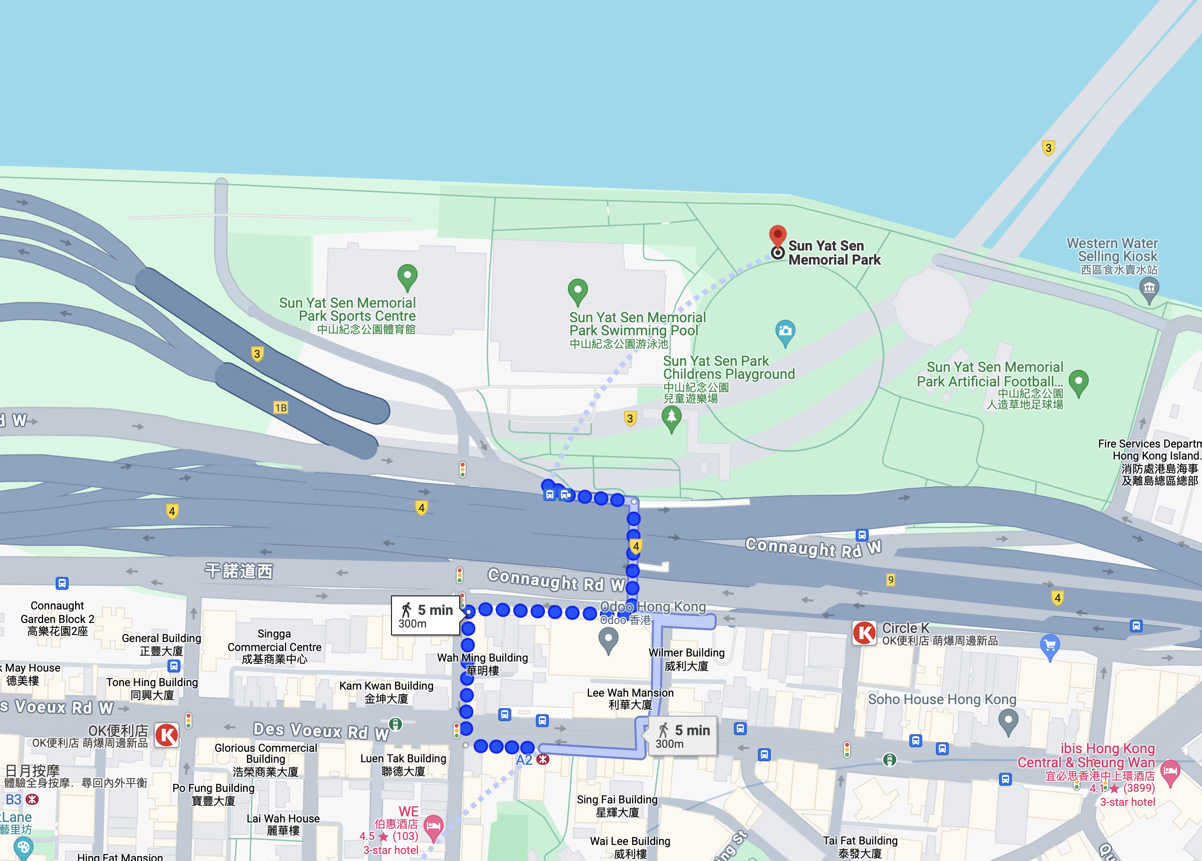 Google map image showing the route from San Ying Pun MTR to the Sun Yat Sen Memorial Park