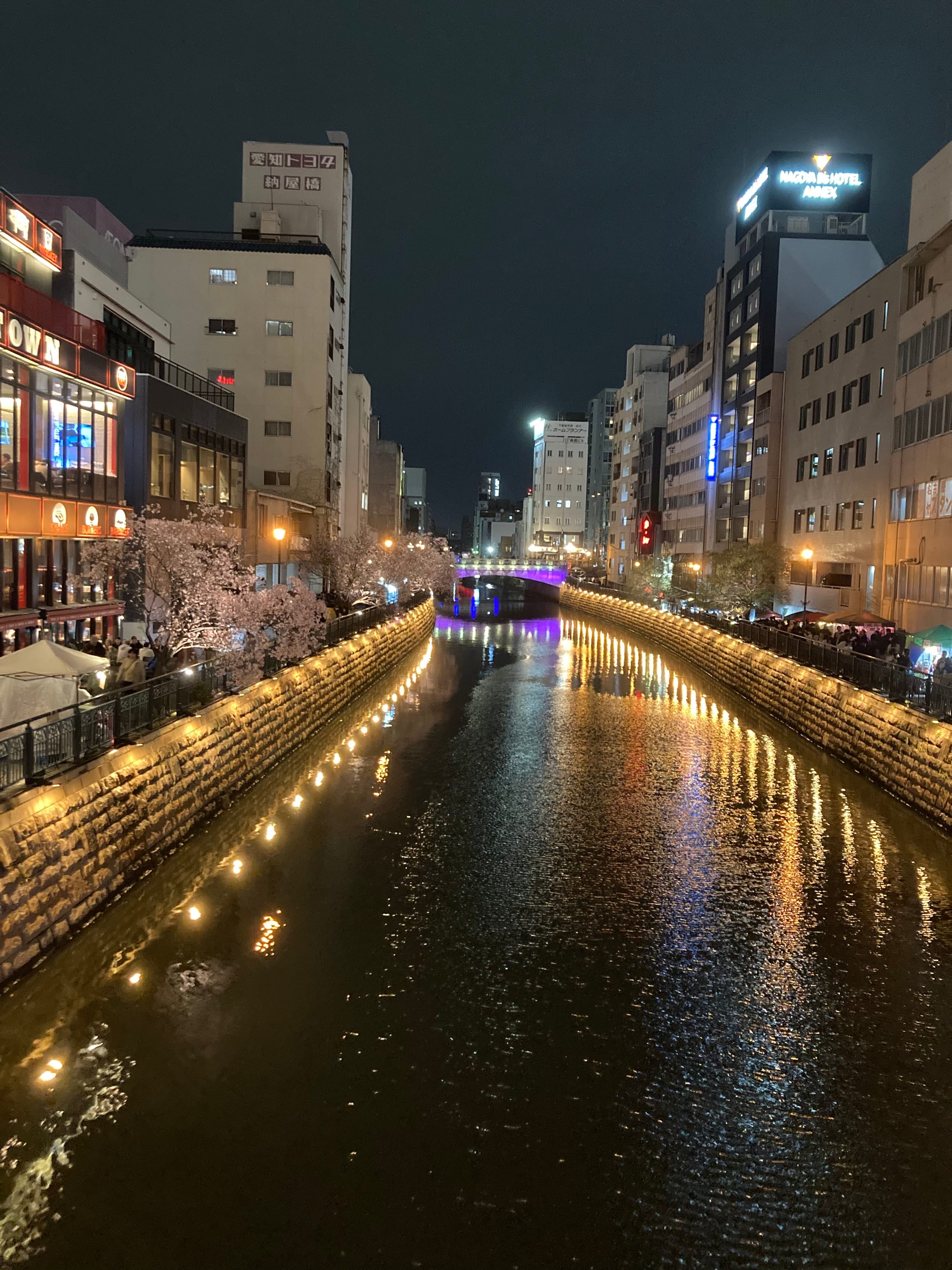 A view of the river at night with lights and buildings on each bank. 