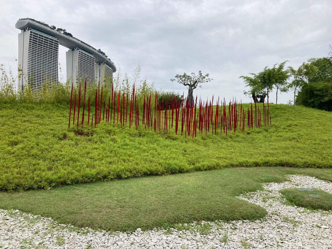 A spiky red Dale Chihuly glass sculpture on a green bank of vegetation, with Marina Bay Sands in the background