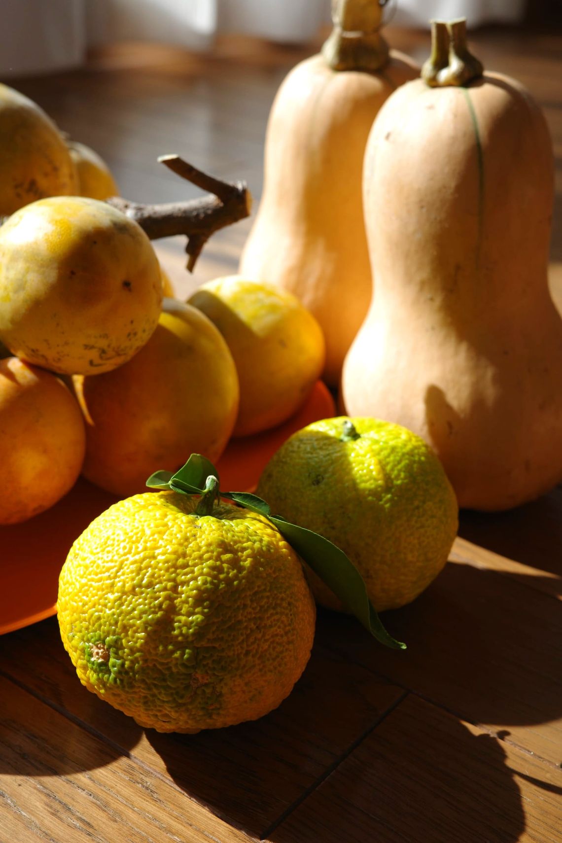 Two yellow citrus fruits sit in the foreground with a plate of persimmons and two butternut squashes behind.