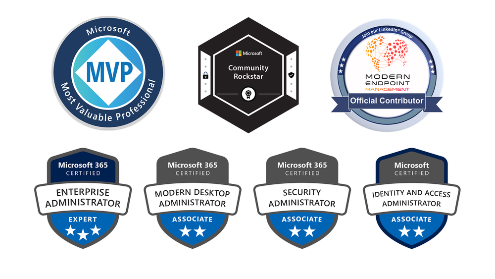 Badges of Niklas Tinner: Microsoft MVP, Microsoft Community Rockstar, Modern Endpoint Management Official Contributor and Microsoft certifications