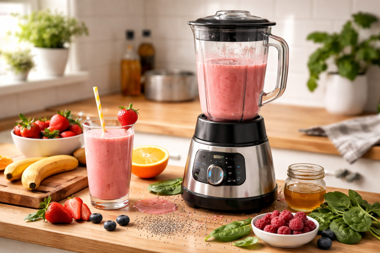 vitamix blender with strawberry smoothie 
