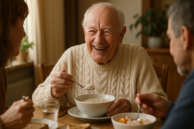 a grandfather laughing with his grandchildren