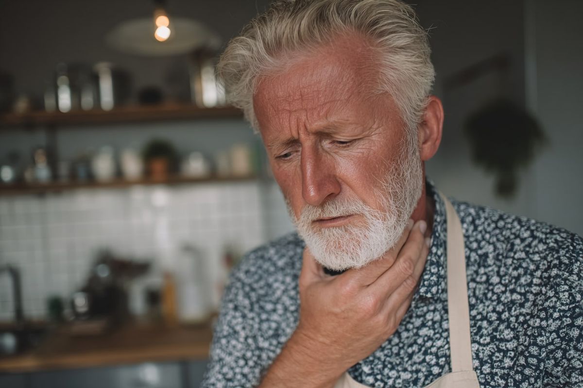 an old man having difficulty swolowing 
