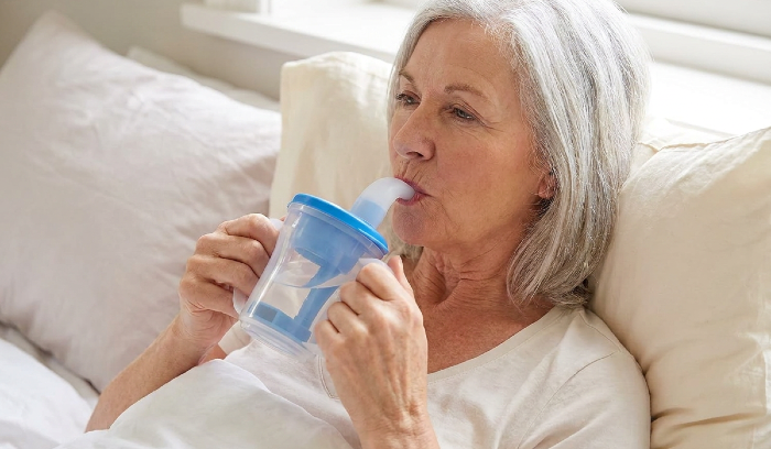 woman lying down and drinking from a dysphagia regulating cup 