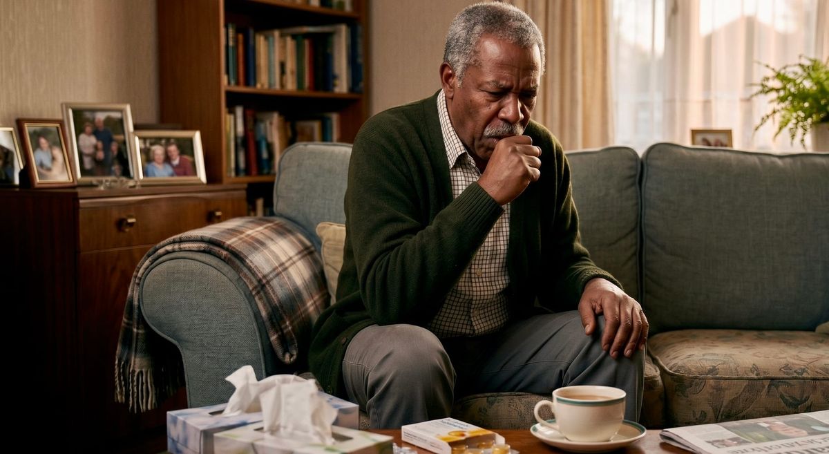old black man coughing while sitting on his sofa in the living room with pneumonia
