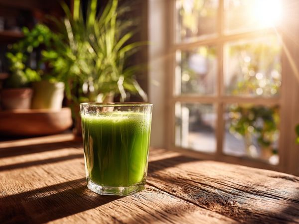 green smoothie in the sun on a kitchen table 