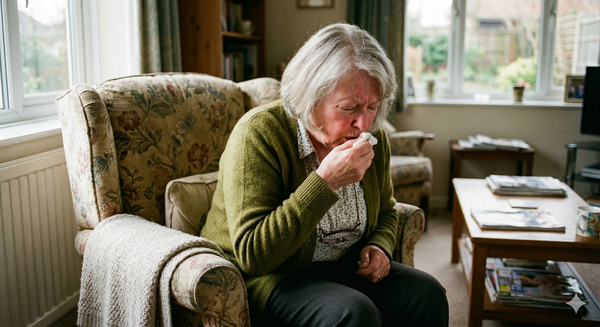 older white woman coughing sitting in an arm chair