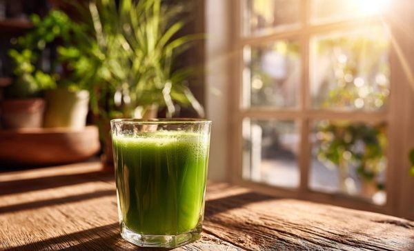 green smoothie in the sun on a kitchen table 