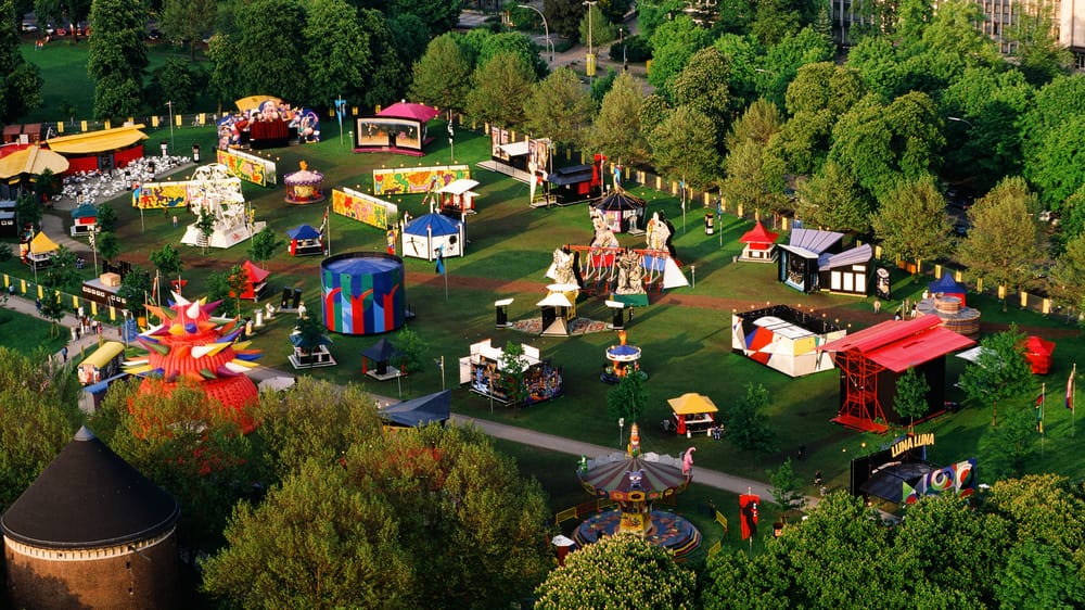 Aerial view of Luna Luna in Moorweide park. Hamburg, Germany, 1987.
