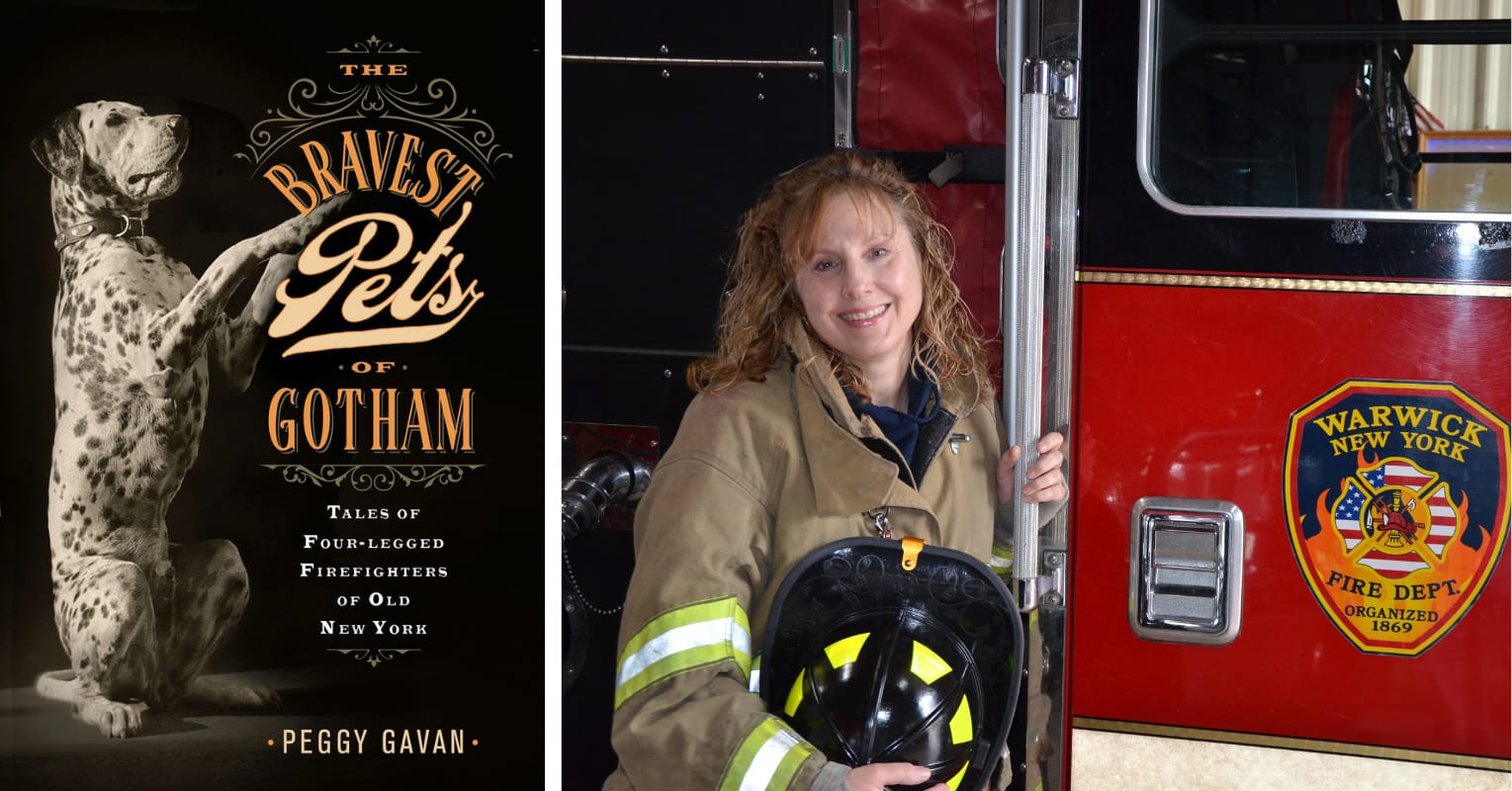 The book cover of THe Bravest Pets which features a dalmation, and an author headshot of Peggy Gavan in her firefighter uniform