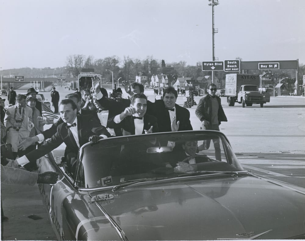 The first car to cross over the Verrazzano-Narrows Bridge was driven by 22 year old George Scarpelli. He and his six passengers drove a Cadillac and wore rented tuxedos. November 21, 1964