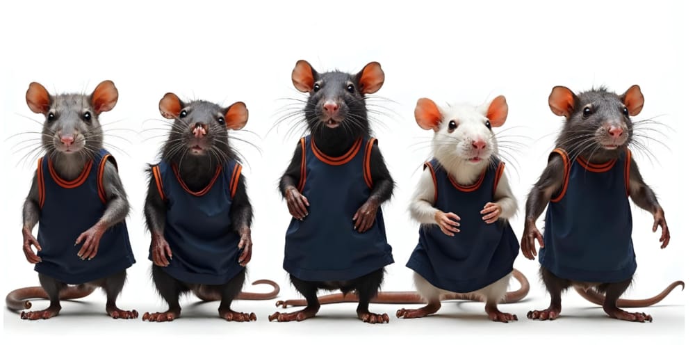 Digital image of a line up of grey and white rats in dark blue basketball jerseys
